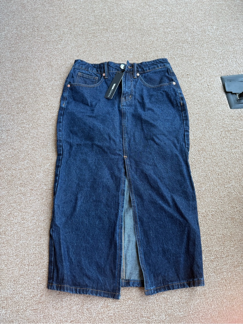 NWT Fashion Nova Dark Indigo Denim Midi Skirt with Center Front Slit
